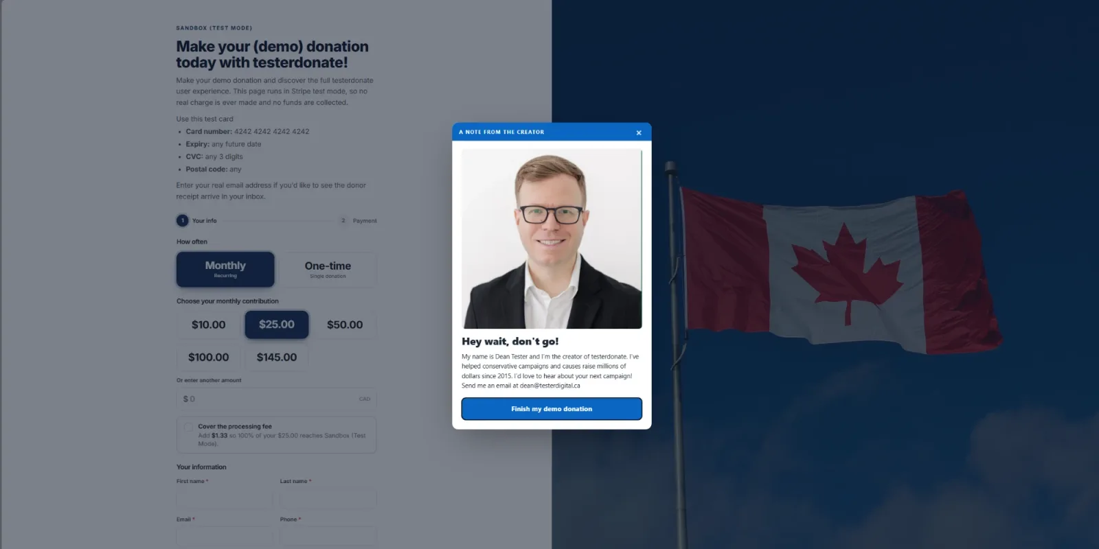 An exit-intent popup with a photo and a personal note appearing over a donation page
